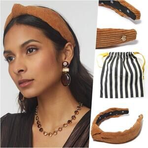 RARE Lele Sadoughi Brown Corduroy Knotted Headband Gold Logo